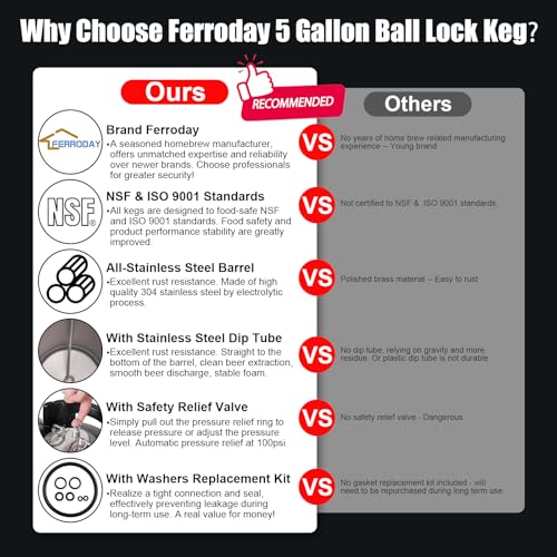 Ferroday Upgraded 5 Gallon Ball Lock Keg, Stainless Steel Corny Keg with Ball Lock Post, Portable Cornelius Beer Keg with Dual Rubber Handle, Gasket Set for Commercial Home Brewing - size: 5 Gallon*1 Pack