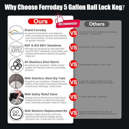 Ferroday Upgraded 5 Gallon Ball Lock Keg, Stainless Steel Corny Keg with Ball Lock Post, Portable Cornelius Beer Keg with Dual Rubber Handle, Gasket Set for Commercial Home Brewing - size: 5 Gallon*1 Pack