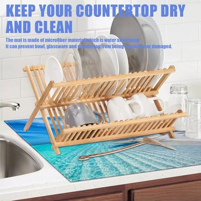 Beach Palm Tree Dish Drying Mat for Kitchen Counter Drying Pad Absorbent Reversible Dish Drainer Rack Mats Draining Pad 18"x24"Inch