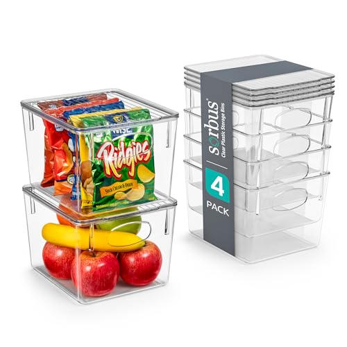 Sorbus Medium Plastic Storage Bins with Lids - Kitchen, Pantry, Refrigerator Organizer Bins - Clear, 4 Pack - size: Medium, style: 4 Pack