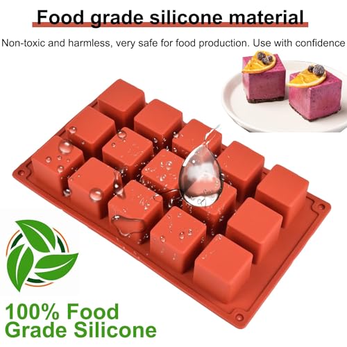 Square Silicone Mold, Cube Mousse Cake French Dessert Baking Molds, 2 Pack 15 Cavity Lollipop Silicone Molds for Soap, Candy Chocolate Cubes, Ice cream,Truffle,Brownie