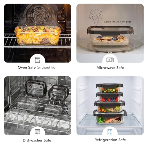 GENICOOK Glass Meal Prep Containers with Glass Lids, 4 Pack Airtight Glass Food Storage Containers, Borosilicate Glass Lunch Containers for Healthy Meal Prep, Microwave Oven Dishwasher Safe, BPA Free - color: black