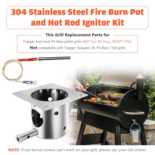 QuliMetal 304 Stainless Steel Fire Burn Pot & Hot Rod Ignitor Kit – Replacement Parts for Traeger & Pit Boss Wood Pellet Grill Smoker, Durable Fire Pot with Ash Remover, Screws and Fuse, Easy Install - size: L1 Fire Burn Pot + Hot Rod Ignitor