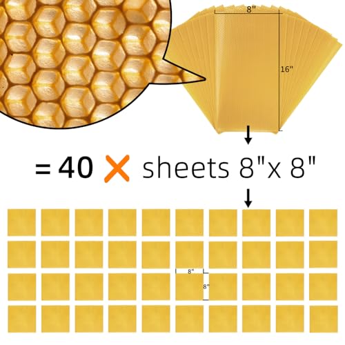 Lacaser Beeswax Sheets for Candle Making Kit, 20 Pcs 8"x16" Pure Bees Wax Made Sheets Equals to 40pcs 8"x8" Beeswax Sheets, Include Bee Ornaments,Cotton Candle Wicks for Bulk Candle Making - color: Natural (8x16)