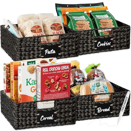 Best Choice Products 33 x 30.5cm(13 x 12인치) 워터 히아신스 식료품 저장실 바구니 4개 세트, 칠판 라벨이 있는 우븐 오거나이저, 초크 마커 - 블랙 - color: 블랙., size: 13x12x5in