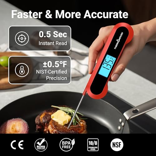Professional 0.5 Sec Instant Read Meat Thermometer Digital, NIST Certified ±0.5℉ Accuracy, Auto Rotate Large LCD Display, Highly Waterproof Cooking Thermometer for Baking Grill BBQ Smoker Oven, Red