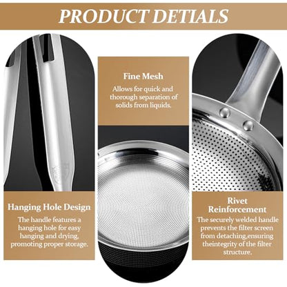 2 Pack Fine Mesh Strainer Stainless Steel Kitchen Sieve - Oil Grease Skimmer Spoon with Long Handle, Small Large Food Strainers for Frying Cooking Soup