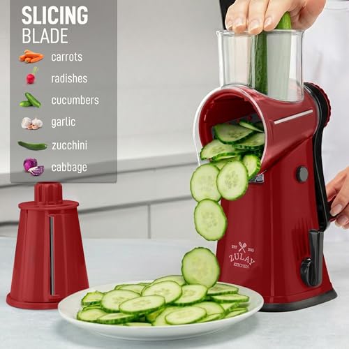 Zulay Kitchen Rotary Cheese Grater 5 Blade Cheese Shredder - Manual Hand Crank Cheese Grater With Reinforced Suction & 5 Interchangeable Drums - Easy to Use, Vegetable Chopper Round Mandoline Slicer - color: Maroon