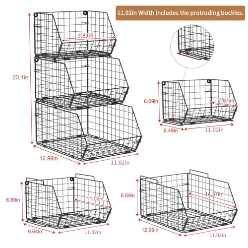 3-Tier Stackable Wire Baskets for Counter, Fruit and Vegetable Storage, Potato and Onion Storage Bin，Kitchen Pantry Organizer - Wall Basket for Produce/Snack/Can, Black - size: 3-tier Large