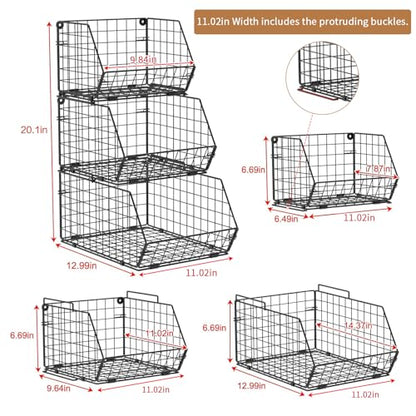 3-Tier Stackable Wire Baskets for Counter, Fruit and Vegetable Storage, Potato and Onion Storage Bin，Kitchen Pantry Organizer - Wall Basket for Produce/Snack/Can, Black - size: 3-tier Large