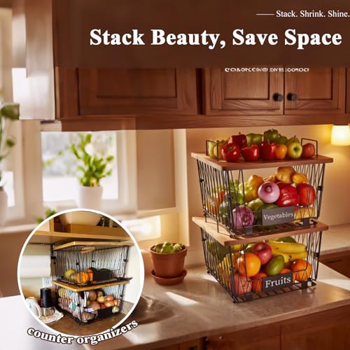 【XXL Big Size】 2 Pack Stackable Wire Storage Baskets with Bamboo Lid- Kitchen Countertop Organizer for Fruit Vegetable -Large Metal Bin for Pantry Organization and Storage, Black - size: 2 PACK