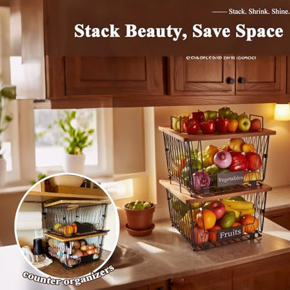 【XXL Big Size】1 Pack Stackable Wire Storage Baskets with Bamboo Lid- Pantry Cabinet Organization, Kitchen Counter Basket for Fruit Vegetable -Large Metal Bin for Pantry Organization and Storage, Black - size: 1 PACK