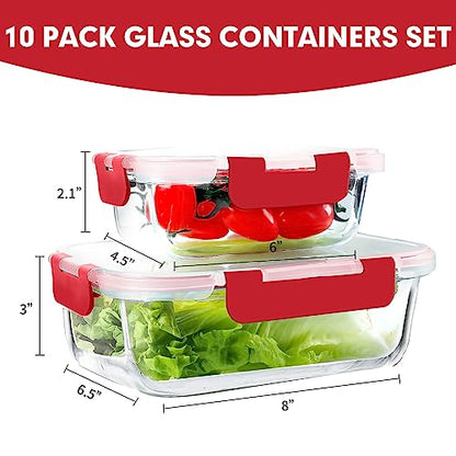 VERONES 10Pack Glass Meal Prep Containers, Airtight Glass Lunch Containers,Stackable Glass Food Storage Containers Set with Lids,Exclusive of BPA, for Microwave,Oven, Freezer&Dishwasher Friendly,Red - color: Red