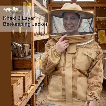 Khaki 3 Layer Beekeeping Jacket with Fencing Veil and Round Brim Hat (S) - size: S