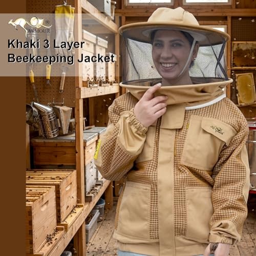 Khaki 3 Layer Beekeeping Jacket with Fencing Veil and Round Brim Hat (5XL) - size: 5XL