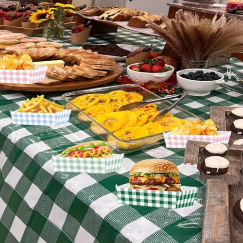 Zliisang 48 Pcs Camp Gingham Food Trays Blue Pink and Green Gingham Party Supplies Disposable Serving Tray Nacho Trays Food Boats for Camp Bachelorette Party Decorations Camp Picnic Decor