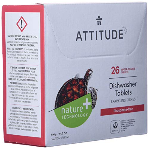 ATTITUDE Dishwasher Pods, Plant-Based & Vegan, Phosphate-Free Detergent Tablets, Naturally Derived, Unscented, 26 Count (Pack of 2) - size: 26 Count (Pack of 2)