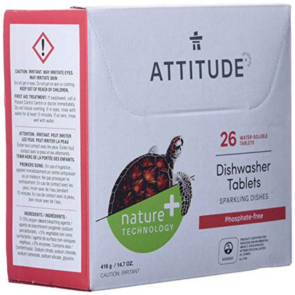 ATTITUDE Dishwasher Pods, Plant-Based & Vegan, Phosphate-Free Detergent Tablets, Naturally Derived, Unscented, 26 Count (Pack of 2) - size: 26 Count (Pack of 2)