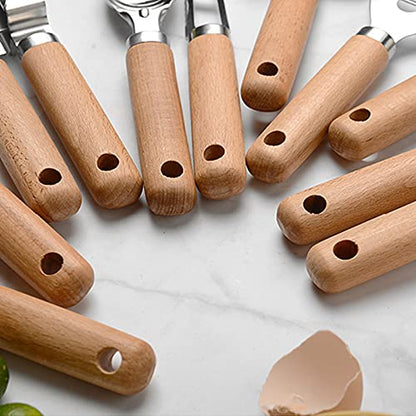 9 Pcs Kitchen Gadget Set Stainless Steel Utensil Set Wood Handle with Pizza cutter, Garlic press, Can opener, Bottle opener, Ice cream scoop, Peeler, Cheese grater, Cheese knife, and Whisk