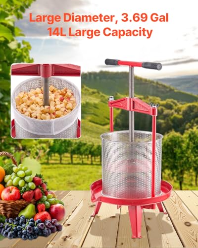VEVOR 3.69 Gal/14L Fruit Wine Press, Stainless Steel Basket with Cross-beam and Triangular Structure, Manual Juice Maker, Cider Apple Grape Tincture Making Press with T-Handle for Kitchen Home - size: 3.69 Gal