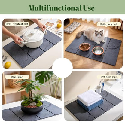 2 PCS Large Stone Dish Drying Mat for Kitchen Counter Diatomaceous Earth Quick Dry Foldable Dish Drying Pad with Anti Slip Mesh Mats(16x24in 4x8in grey)