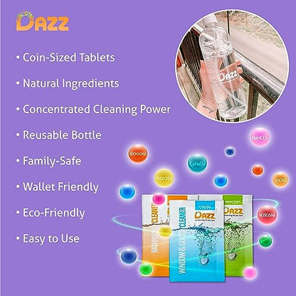 DAZZ Whole House Starter Kit (3 Reusable Spray Bottles, 6 Refills) Natural All Purpose Cleaner, Glass and Window Cleaner, and Bathroom Cleaner - Eco Friendly, Non Toxic