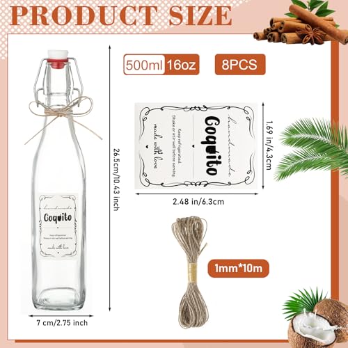 DoubleFill 8 Set Coquito Swing Top Glass Bottles 16 Oz Flip Top Brewing Bottles with Coquito Stickers Wine Airtight Caps for Home Party Milk Eggnog Kefir(Stylish) - style: Stylish