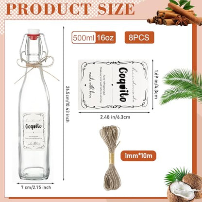 DoubleFill 8 Set Coquito Swing Top Glass Bottles 16 Oz Flip Top Brewing Bottles with Coquito Stickers Wine Airtight Caps for Home Party Milk Eggnog Kefir(Stylish) - style: Stylish