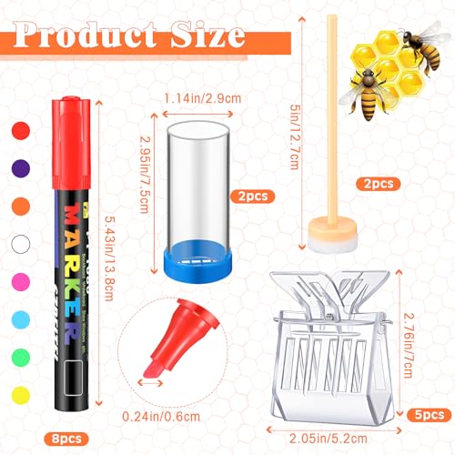 Qualirey 15 Pcs Queen Bee Marking Kit with 8 Pens 2 Bottles and 5 Plastic Cage Clips for Queen Bee Marking Beekeepers, Beekeeping Supplies
