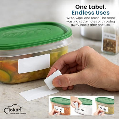 Jokari Label Once Erasable Food Labels with Marker and Eraser Reusable Removable Adhesive Labels for Kitchen Storage Freezer Dishwasher and Microwave Safe 70 Pack