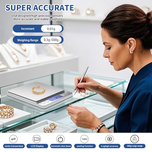 Gram Scale Small Digital Food Scale, 500g by 0.01Gram/0.001Ounce, Accurate Weighting, MEIYA Multifunction Kitchen Scale for Jewelry/Baking/Soap, 9 Units, Tare Function, LCD Display, Including Battery