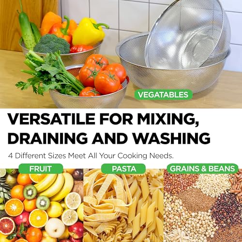 Premium 18/8 304 Stainless Steel Micro-Perforated Small and Big Colander Set of 4 with rings - 3.5-5.5-7.5-9.5 Quart Set, Self-Draining Solid Base for Pasta, Fruits, Vegetables - size: 3.5+5.5+7.5+9.5QT Colander