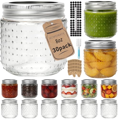 CycleMore 8oz Mason Jars, 30 Pack Dual Dot Jar With Silver Separable Lids & Colorful Plastic Lids, Tiny Glass Jars for Honey, Jam, Jelly, Wedding Favors, Kitchen Food Storage, - size: Hobnail 8oz - 30 Pack