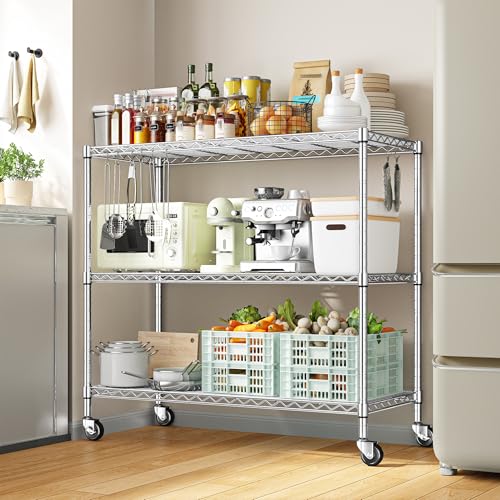 DurayLoly 45" W 3-Tier Metal Shelf on Wheels,450lbs,Kitchen, Laundry,Garage | 19mm chrome steel, 150 lbs/shelf, lock casters or switch to leveling feet, tool-free setup, fits pantry & bedroom - color: Chrome