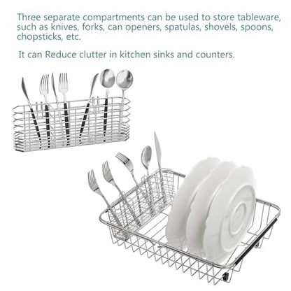 NiuYichee 304 Stainless Steel Utensil Holder, Dish Drying Rack, kitchen Utensil Organizer, Knife and Fork Drainage Rack, Kitchen Drainage Basket Accessories, With Hooks, Rust Proof, Color-Silver
