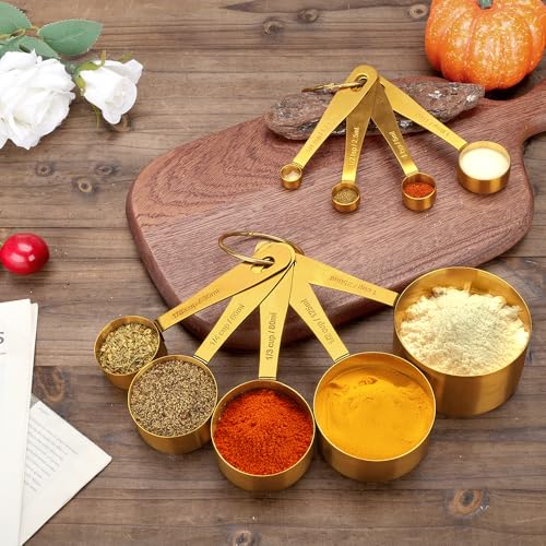 Gold Measuring Cups and Spoons, Set of 9, Including 4 Measuring Spoons, 5 Measuring Cups, Stainless Steel Kitchen Gadgets for Liquid & Dry Ingredients - size: Set of 9