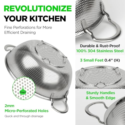 Premium 18/8 304 Stainless Steel Set of 3 – Micro-Perforated Strainers with Handles, Self-Draining Base for Pasta Vegetables Fruit, Heavy Duty (4, 6, 8 Qt) Made in Korea - size: 4+6+8QT Colander