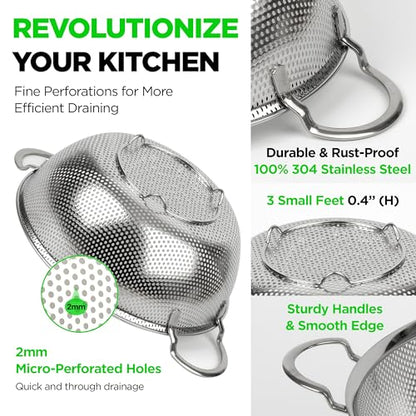 Premium 18/8 304 Stainless Steel Set of 3 – Micro-Perforated Strainers with Handles, Self-Draining Base for Pasta Vegetables Fruit, Heavy Duty (4, 6, 8 Qt) Made in Korea - size: 4+6+8QT Colander