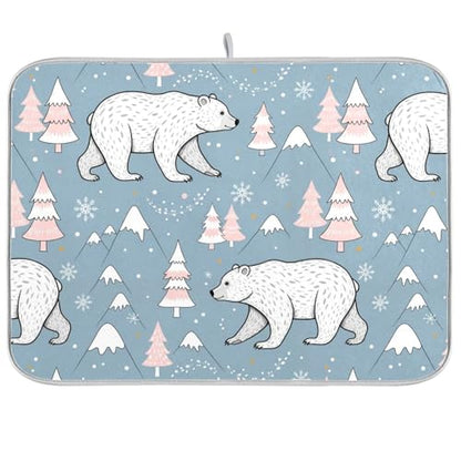 Winter Polar Bear Tree Dish Drying Mat for Kitchen Counter Super Absorbent Draining Mat with Non-slip Backed Drainer Mat for Sinks Countertops Draining Racks Dish Bottles Cups Bowl