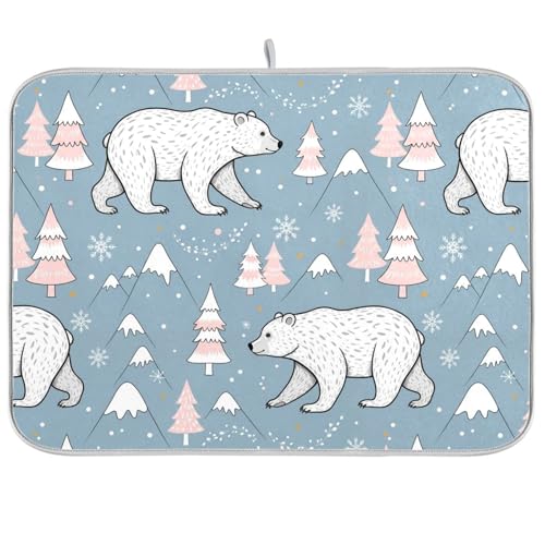 Winter Polar Bear Tree Dish Drying Mat for Kitchen Counter Super Absorbent Draining Mat with Non-slip Backed Drainer Mat for Sinks Countertops Draining Racks Dish Bottles Cups Bowl