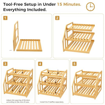 MinBoo 3-Tier Bamboo Can Organizer for Pantry - Holds 36 Cans (9/12/15) - Stackable Canned Food Dispenser with Adjustable Dividers - Gravity-Fed Rolling Storage Rack for Kitchen Cabinets
