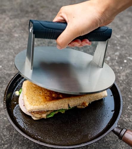 Stainless Steel Burger Smasher 3.25 LB – 8 Inch Steak Weight for Smash Burgers, Bacon, Sandwiches | Dishwasher Safe, Preheatable Protein Press with Silicone Handle | Commercial BBQ Tool - size: Φ8"