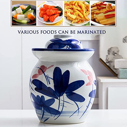 Fermentation Crock Jar Classical Painted Ink Style Lotus Pickle Jar, Chinese Traditional Water Seal Kimchi Jar With Cover, Pickled Cabbage, Radish, Kombuch (Color : Blue+white, Size : 4kg) - size: 4kg