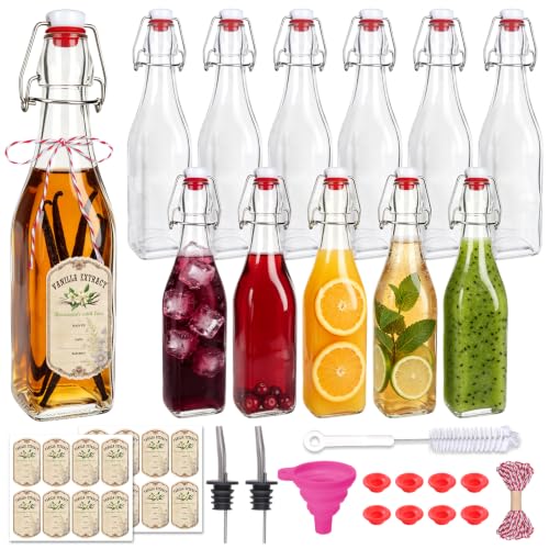 Alotpower 12 Pack 12oz Square Swing Top Glass Bottles with Airtight Lids | Flip Top Glass Bottles for Vanilla Extract,Home Brewing,Kombucha,Vinegar,beer, oda,beverages - Included Complete Brewing Kit - color: 12pack, size: 12 Ounces