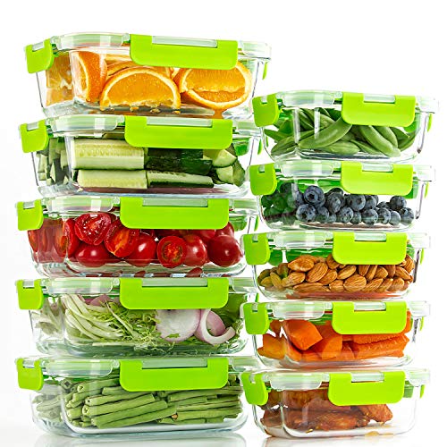 C CREST Glass Containers for Food Storage with Lids, [10-Pack] Meal Prep Containers for Kitchen, Home Use, BPA Free - color: Green