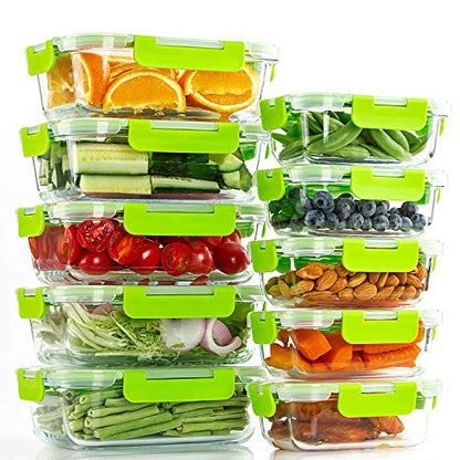 C CREST Glass Containers for Food Storage with Lids, [10-Pack] Meal Prep Containers for Kitchen, Home Use, BPA Free - color: Green