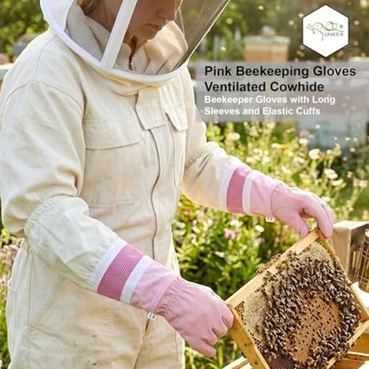 Pink Beekeeping Gloves - Cowhide Ventilated Beekeeper Gloves with Long Sleeve & Elastic Cuff - size: X-Large