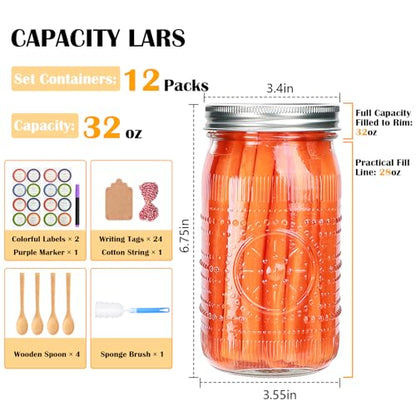 32 oz Wide Mouth Mason Jars with Lids and Bands, 12 Pack Clear Glass Canning Jars for Fermenting, Preserving, Quart Size Large Mason Jars for Jam, Pickling, Meal Prep, DIY Crafts