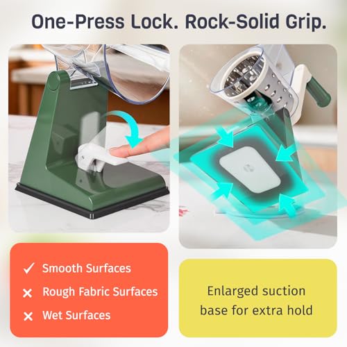 Upgraded Rotary Cheese Grater with 3 Interchangeable Stainless Steel Drums, One-Press Powerful Suction Manual Vegetable Shredder & Slicer for Kitchen, 15pcs Storage Bags Included, Olive Green - color: Olive Green