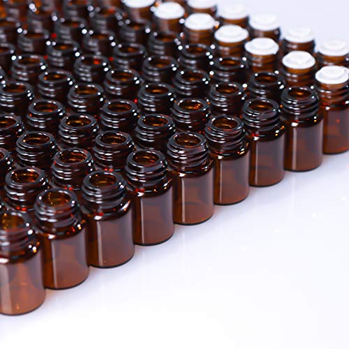 100 Pack 2ml (5/8 Dram) Amber Mini Glass Essential Oils Sample Bottles with Black Caps for Essential Oils, Perfumes & Lab Chemicals (30ml Measuring Cup and 5 Droppers Included)